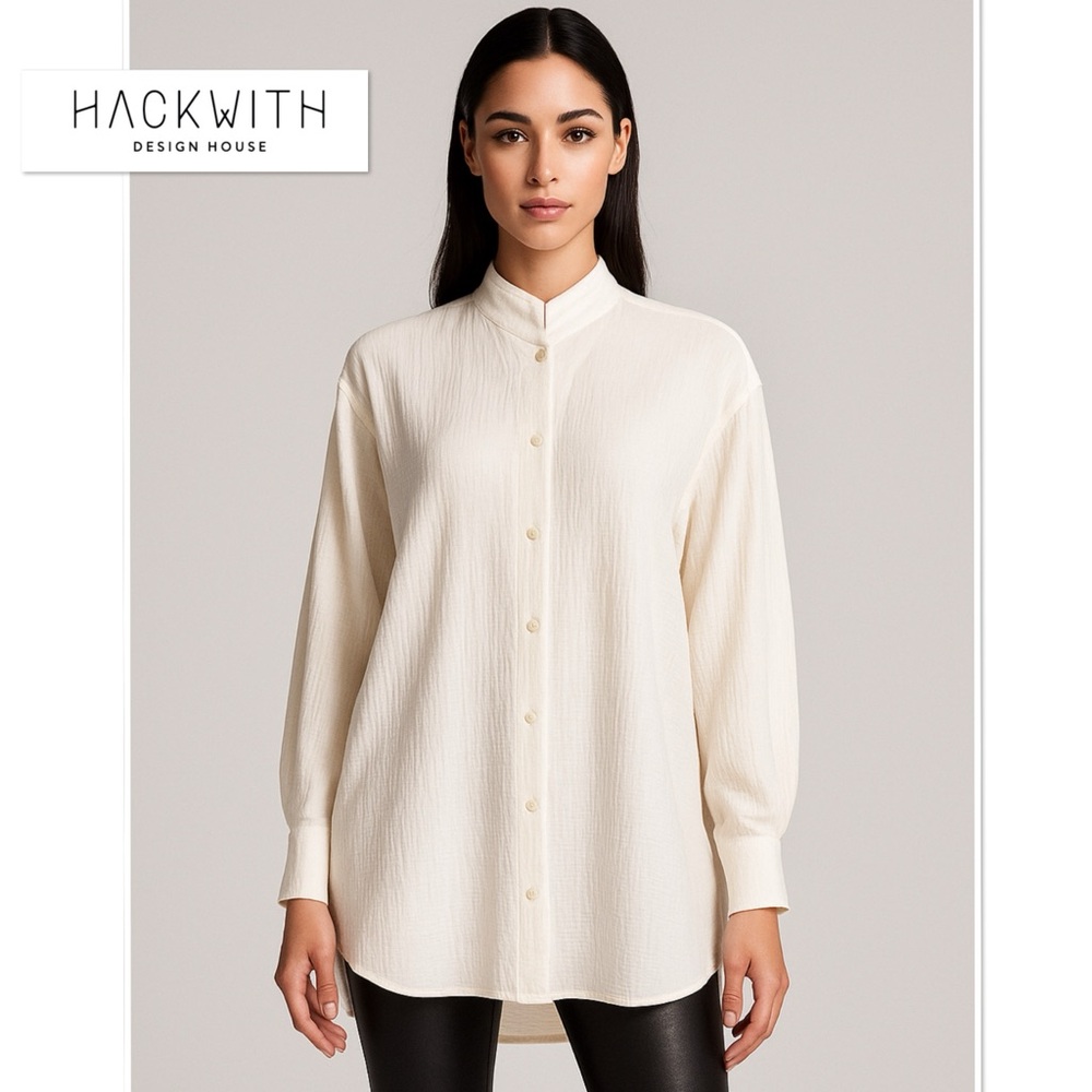 NWT Hackwith Design House Gauze Cotton Button-Up Shirt Off White Top Size 1/2